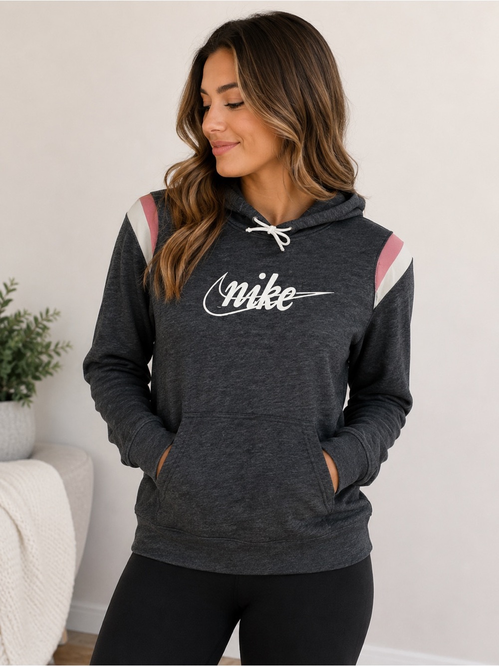 Nike Dark Gray Hoodie with White Logo and Pink Accent
